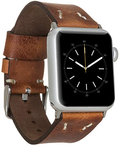 Burkley Leder Armband für Apple Watch in 38/40mm und 42/44mm Vintage Uhren-Armband Wechselarmband Ersatzarmband kompatibel mit Allen Apple Watch - Handmade (42/44mm, Braun - BA1) von Burkley