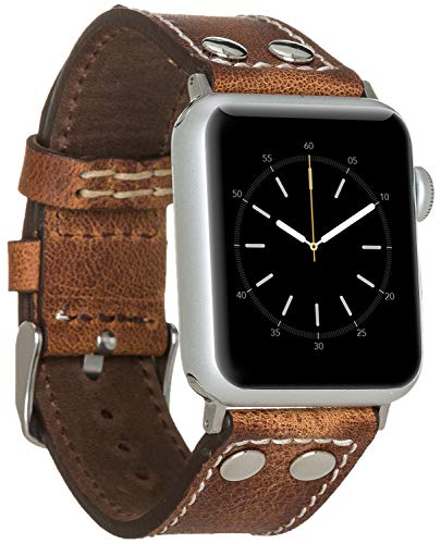 Burkley Leder Armband für Apple Watch in 38/40mm und 42/44mm Vintage Uhren-Armband Wechselarmband Ersatzarmband kompatibel mit Allen Apple Watch - Handmade (42/44mm, Braun - BA5) von Burkley