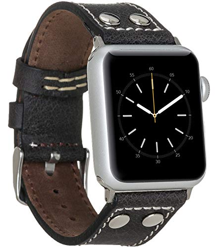 Burkley Leder Armband für Apple Watch in 38/40mm und 42/44mm Vintage Uhren-Armband Wechselarmband Ersatzarmband kompatibel mit Allen Apple Watch - Handmade (42/44mm, Schwarz - BA5) von Burkley