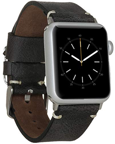 Burkley Leder Armband für Apple Watch in 38/40mm und 42/44mm Vintage Uhren-Armband Wechselarmband Ersatzarmband kompatibel mit Allen Apple Watch - Handmade (42/44mm, Schwarz - BA6) von Burkley