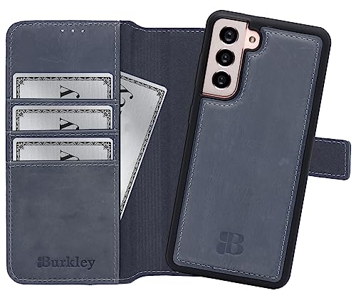 Burkley Leder Handyhülle für Samsung Galaxy S21 Leder Book Case Handytasche mit Magnetverschluss, 360° Schutz, Kick-Stand und Kartenfach (Stone Grey) von Burkley