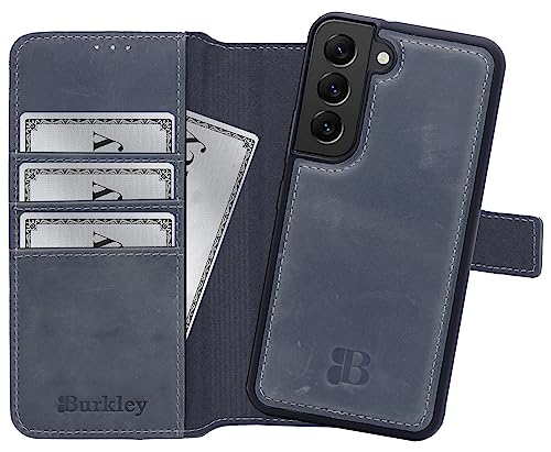Burkley Leder Handyhülle für Samsung Galaxy S22 Leder Book Case Handytasche mit Magnetverschluss, 360° Schutz, Kick-Stand und Kartenfach (Stone Grey) von Burkley