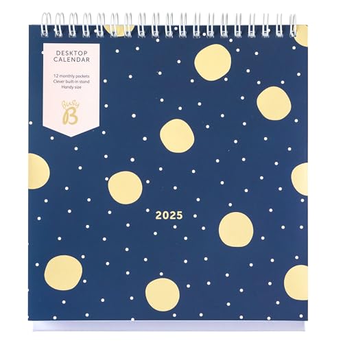 Busy B - 2025 Tischkalender - Marine & Gold Tupfen Kalender mit integriertem Ständer & Klappeinband - A5 Arbeitskalender für Büro oder Zuhause - Jahresplaner mit Steckfächern für gut Planung von Busy B