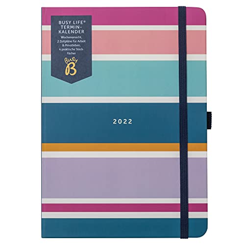 Busy B - Busy Life Terminkalender von Januar bis Dezember 2022 - Streifen Design A5 Wochenplaner mit doppeltem Terminplaner, Stifthalter und Steckfächern (Deutsch) von Busy B