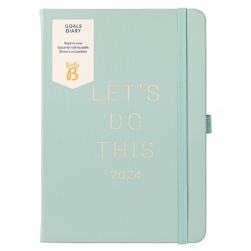 Busy B - Goals Diary Januar bis Dezember 2024 - Salbei - A5 Kunstleder Wochenansicht Zielsetzung Planer mit Aufklebern, Taschen und Notizen von Busy B