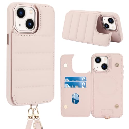 Butnyeoe Crossbody-Schutzhülle für iPhone 13/14 (15,5 cm (6,1 Zoll), mit Kartenhalter, magnetischem Ladeständer, Flip-Lederhülle, RFID-blockierende Schutzhülle, Handschlaufe, Handschlaufe, Rosa von Butnyeoe