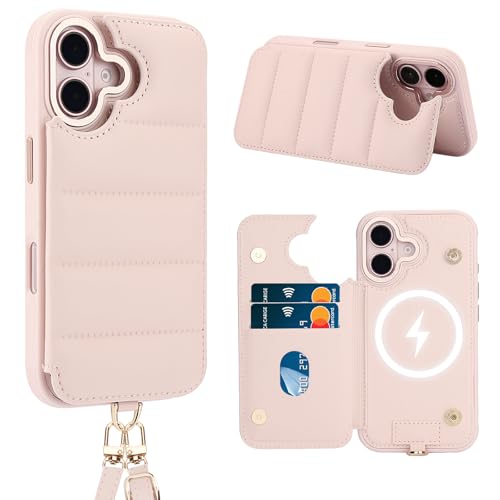 Butnyeoe Crossbody-Schutzhülle für iPhone 16 (15,5 cm / 6,1 Zoll), mit Kartenhalter, magnetischem Ladeständer, Lederhülle, RFID-blockierende Schutzhülle, Handschlaufe, Handschlaufe, Rosa von Butnyeoe