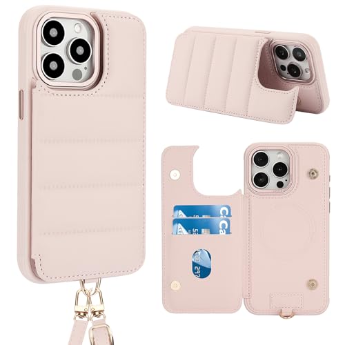 Butnyeoe Crossbody-Schutzhülle für iPhone 16 Pro (6,3 Zoll) mit Kartenhalter, magnetischem Ladeständer, Flip-Lederhülle, RFID-blockierende Schutzhülle, Handschlaufe, Handschlaufe, Handschlaufe, Rosa von Butnyeoe