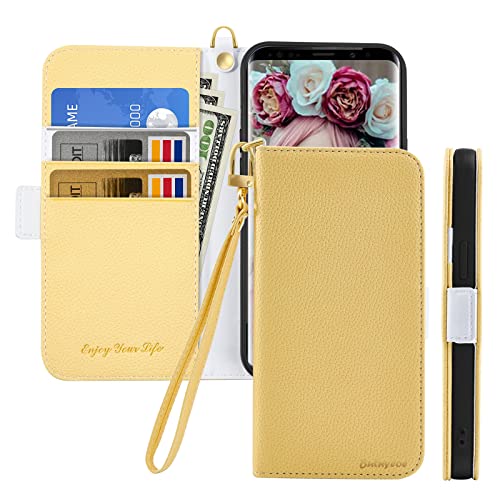 Butnyeoe Handyhülle für Samsung Galaxy S9 Klappbar Hülle,Litschi Textur Leder Wallet Schutzhülle Tasche Flip Cover Case,Magnetic Closure Klapphülle mit Kartenfach Standfunktion,Gelb von Butnyeoe