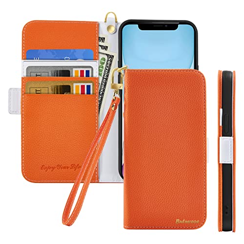 Butnyeoe Handyhülle für iPhone 11 Klappbar Hülle,Litschi Textur Leder Wallet Schutzhülle Tasche Flip Cover Case,Magnetic Closure Klapphülle mit Kartenfach Standfunktion,Orange von Butnyeoe