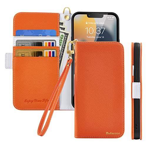 Butnyeoe Handyhülle für iPhone 13 Klappbar Hülle,Litschi Textur Leder Wallet Schutzhülle Tasche Flip Cover Case,Magnetic Closure Klapphülle mit Kartenfach Standfunktion,Orange von Butnyeoe