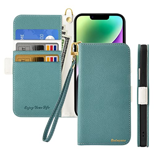 Butnyeoe Handyhülle für iPhone 14 Klappbar Hülle,Litschi Textur Leder Wallet Schutzhülle Tasche Flip Cover Case,Magnetic Closure Klapphülle mit Kartenfach Standfunktion,Blau Grün von Butnyeoe