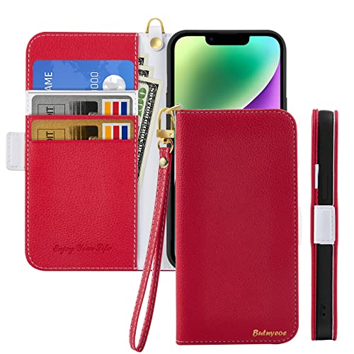 Butnyeoe Handyhülle für iPhone 14 Klappbar Hülle,Litschi Textur Leder Wallet Schutzhülle Tasche Flip Cover Case,Magnetic Closure Klapphülle mit Kartenfach Standfunktion,Rot von Butnyeoe