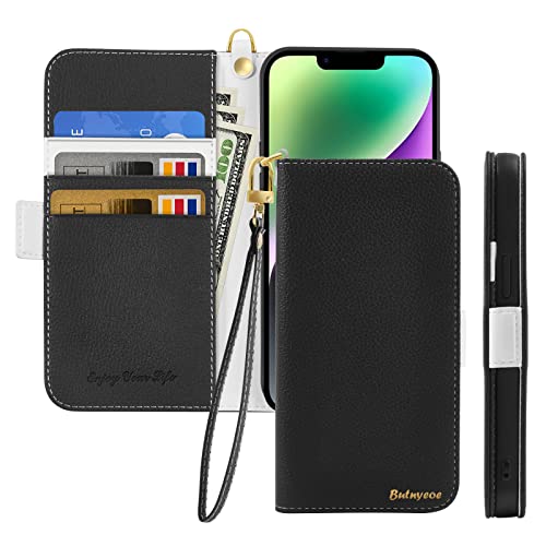 Butnyeoe Handyhülle für iPhone 14 Klappbar Hülle,Litschi Textur Leder Wallet Schutzhülle Tasche Flip Cover Case,Magnetic Closure Klapphülle mit Kartenfach Standfunktion,Schwarz von Butnyeoe