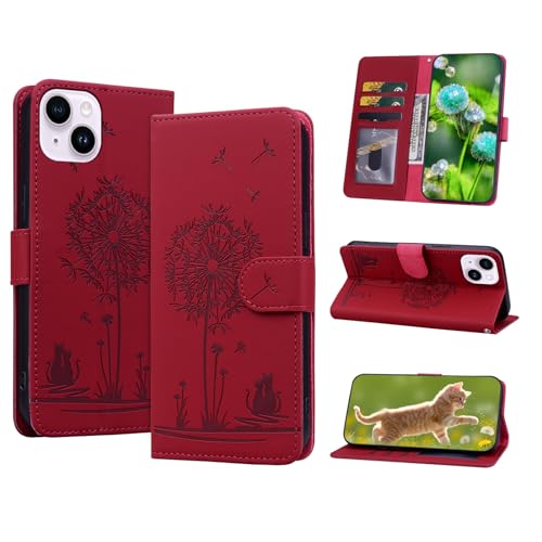 Butnyeoe Handyhülle für iPhone 14 Plus Klappbar Hülle, Lederhülle für iPhone 14 Plus, Flip Case Brieftasche Tasche [Kartenfach] [Magnet] [Ständer] Prägung Klapphülle Schutzhülle,Rot von Butnyeoe