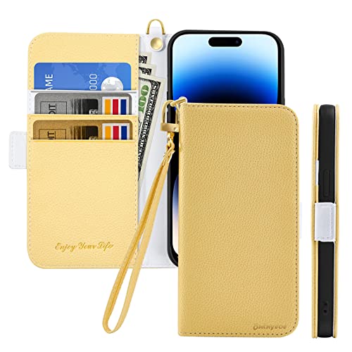 Butnyeoe Handyhülle für iPhone 14 Pro Klappbar Hülle,Litschi Textur Leder Wallet Schutzhülle Tasche Flip Cover Case,Magnetic Closure Klapphülle mit Kartenfach Standfunktion,Gelb von Butnyeoe