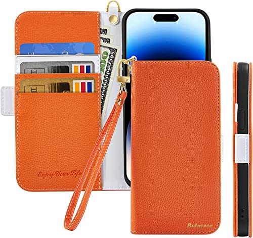 Butnyeoe Handyhülle für iPhone 16 Pro Klappbar Hülle,Litschi Textur Leder Wallet Schutzhülle Tasche Flip Cover Case,Magnetic Closure Klapphülle mit Kartenfach Standfunktion,Orange von Butnyeoe