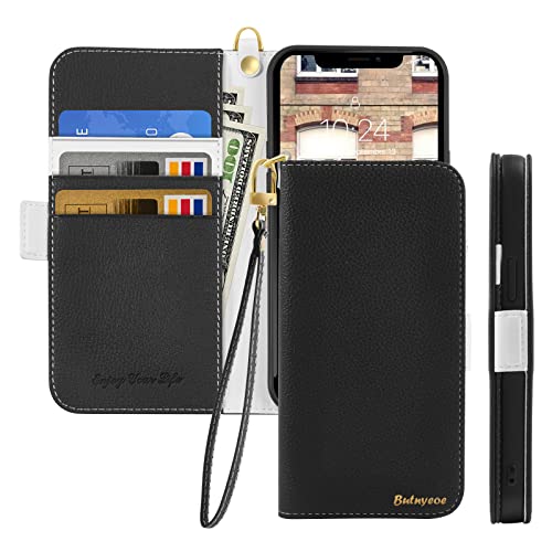 Butnyeoe Handyhülle für iPhone XR Klappbar Hülle,Litschi Textur Leder Wallet Schutzhülle Tasche Flip Cover Case,Magnetic Closure Klapphülle mit Kartenfach Standfunktion,Schwarz von Butnyeoe