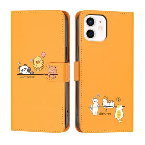 Butnyeoe Hülle für iPhone 12 Klappbar, iPhone 12 Pro Handyhülle Tasche, Cute Cartoon Leder Klapphülle, Stoßfeste Schutzhülle mit Kartenfach, Flip Wallet Cover Case für iPhone 12/12 Pro, Orange von Butnyeoe