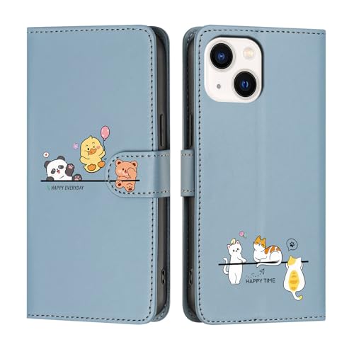 Butnyeoe Hülle für iPhone 13 Klappbar, iPhone 13 Handyhülle Tasche, Cute Cartoon Leder Klapphülle, Stoßfeste Schutzhülle mit Kartenfach, Flip Wallet Cover Case für iPhone 13, Blau von Butnyeoe