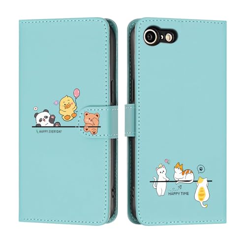 Butnyeoe Hülle für iPhone SE 2022 Klappbar, iPhone SE 2020 Handyhülle Tasche, Cute Cartoon Leder Klapphülle, Stoßfeste Schutzhülle mit Kartenfach, Flip Wallet Cover Case für iPhone 8/7, Grün von Butnyeoe
