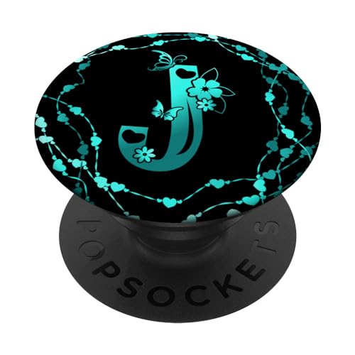 Monogramm Anfangsbuchstabe J Türkis Schmetterling personalisiert PopSockets mit austauschbarem PopGrip von Butterfly Initial Letter Monogram Floral and Heart