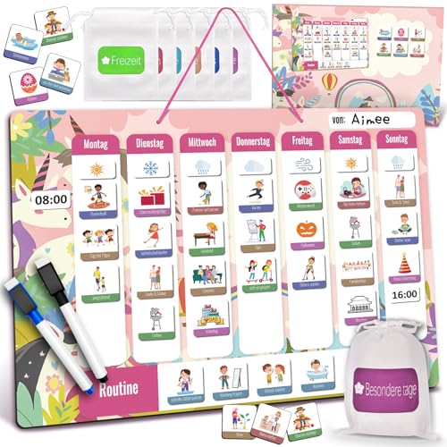 BuzzoXerex Wochenplaner Kinder, Tagesplaner Kinder Routine Stundenplan Abwischbar mit 240 Magnete, Kordel, Stift, Aufbewahrungstasche Routinen Planer Kinder für Einschulung Geschenk von BuzzoXerex