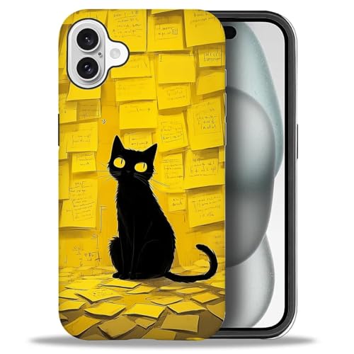 Bvkilrvc Kompatibel mit iPhone 16 Hülle, Schwarz Katze Gelb Papier Muster Druck Matte Handyhülle Lustige Flüssigsilikonhülle Stoßfest Stoßfest Schutzhülle von Bvkilrvc