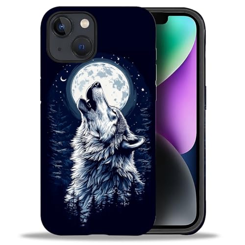 Bvkilrvc Schutzhülle für iPhone 13/iPhone 14, Motiv: Mondwolf, matt, lustig, Flüssigsilikon, stoßfest, kratzfest, stoßfest von Bvkilrvc