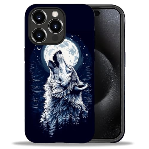 Bvkilrvc Schutzhülle für iPhone 15 Pro Max, Motiv: Mondwolf, matt, lustig, Flüssigsilikon, stoßfest, kratzfest von Bvkilrvc