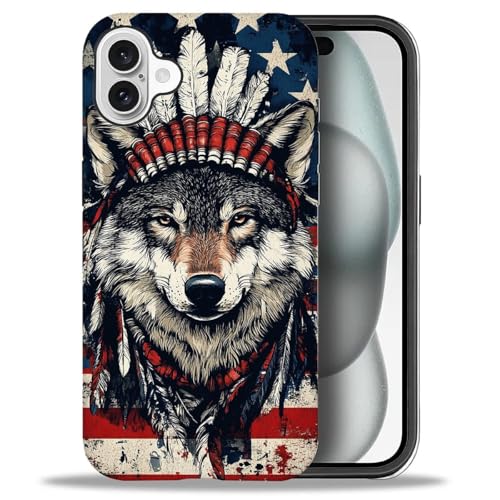 Bvkilrvc Schutzhülle für iPhone 16, Motiv: indischer Kopfschmuck, Wolf, amerikanische Flagge, matt, lustig, Flüssigsilikon, stoßfest, stoßfest, Schutzhülle von Bvkilrvc