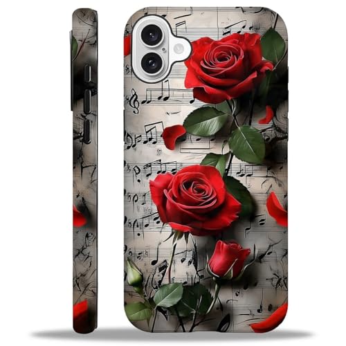 Bvkilrvc Schutzhülle für iPhone 16, Notenblätter, rote Rosen, Muster, matt, lustig, Flüssigsilikon, stoßfest, stoßfest, Schutzhülle Bvkilrvc Schutzhülle für iPhone 16, Notenblätter, rote Rosen, Muster, matt, lustig, Flüssigsilikon, stoßfest, stoßfest, Schutzhülle von Bvkilrvc