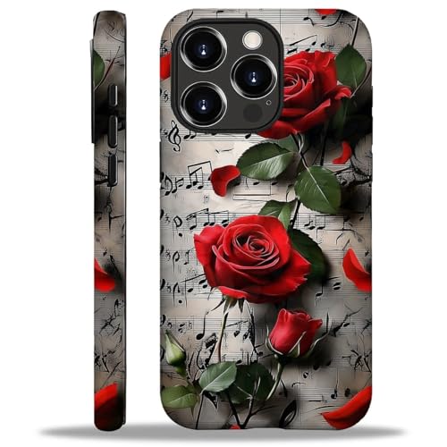 Bvkilrvc Schutzhülle für iPhone 16 Pro, Notenblätter, rote Rosen, Muster, matt, lustig, Flüssigsilikon, stoßfest, stoßfest, Schutzhülle Bvkilrvc Schutzhülle für iPhone 16 Pro, Notenblätter, rote Rosen, Muster, matt, lustig, Flüssigsilikon, stoßfest, stoßfest, Schutzhülle von Bvkilrvc