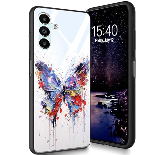 Bxgolkgd Designed for Samsung Galaxy A14 5G 6.6" 2023 Hülle, Tempered Glass Back Cover Designed with TPU Silikon Shockproof Anti-Scratch Bumper - Butterfly von Bxgolkgd