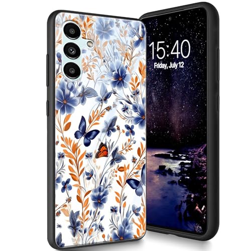 Bxgolkgd Designed for Samsung Galaxy A55 5G 6.6" 2023 Hülle, Tempered Glass Back Cover Designed with TPU Silikon Shockproof Anti-Scratch Bumper - 2 Flower Butterfly von Bxgolkgd