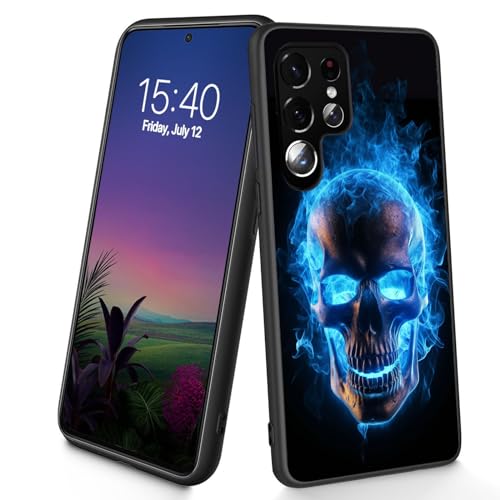 Bxgolkgd Entworfen für Galaxy S24 Ultra, dünne, weiche TPU-Silikon-Schutzhülle, stoßfest, rutschfest, Schutzhülle für Samsung Galaxy S24 Ultra 2024, 17,3 cm (6,8 Zoll), blaue Flammen, Totenkopf von Bxgolkgd