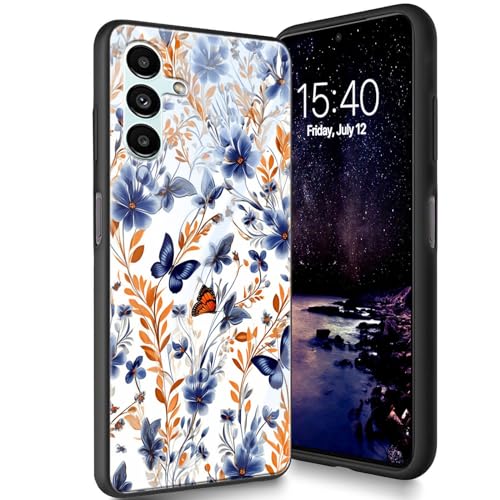 Bxgolkgd Entworfen für Samsung Galaxy A15 5G 16,5 cm (6,5 Zoll) 2023, Schutzhülle aus gehärtetem Glas, Rückseite aus Silikon, TPU, stoßfest, kratzfest, 2 Blumen-Schmetterlinge von Bxgolkgd
