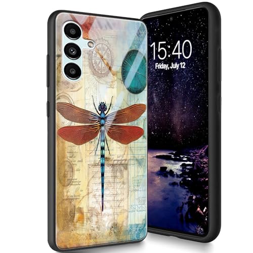 Bxgolkgd Entworfen für Samsung Galaxy A54 5G 16,5 cm (6,5 Zoll) 2023, Hartglas-Rückabdeckung, entworfen mit TPU-Silikon, stoßfest, kratzfest, Vintage Dragonfly von Bxgolkgd