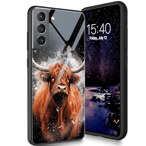 Bxgolkgd Entworfen für Samsung Galaxy S21 5G 15,5 cm (6,1 Zoll) 2021, Schutzhülle aus gehärtetem Glas, Rückseite aus gehärtetem Glas, stoßfest, kratzfest, Hochlandkuh von Bxgolkgd