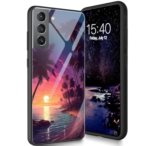 Bxgolkgd Entworfen für Samsung Galaxy S21 5G 15,5 cm (6,1 Zoll) 2021, Schutzhülle aus gehärtetem Glas, Rückseite aus gehärtetem Glas, stoßfest, kratzfest, Motiv: Strandpalmen von Bxgolkgd