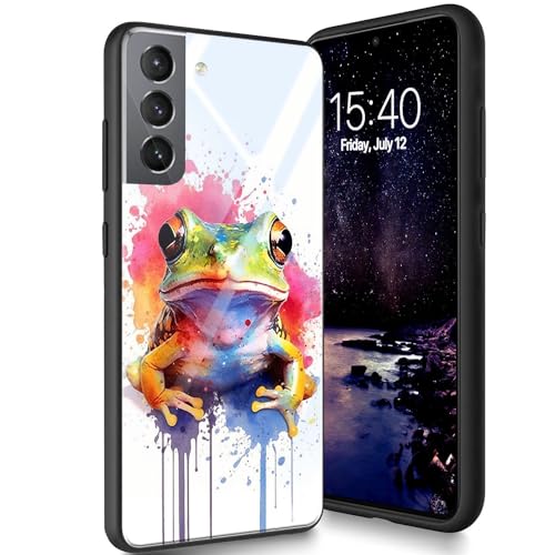 Bxgolkgd Entworfen für Samsung Galaxy S21 FE 16,3 cm (6,4 Zoll) 2022 Hülle, gehärtetes Glas, Rückseite aus Silikon, TPU, stoßfest, kratzfest, Aquarell-Frosch von Bxgolkgd