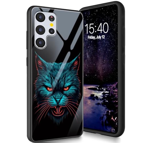 Bxgolkgd Entworfen für Samsung Galaxy S21 Ultra 17,3 cm (6,8 Zoll) 2021, Rückseite aus gehärtetem Glas, Rückseite aus Silikon, TPU, stoßfest, kratzfest, wütende Katze von Bxgolkgd