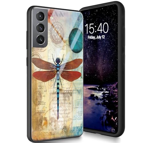 Bxgolkgd Entworfen für Samsung Galaxy S23 5G 15,5 cm (6,1 Zoll) 2023, Schutzhülle aus gehärtetem Glas, Rückseite aus gehärtetem Glas, stoßfest, kratzfest, Vintage-Libellen von Bxgolkgd