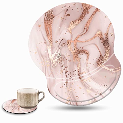 Bxgolkgd Ergonomische Gel-Maus-Handgelenkauflage mit niedlichem Untersetzer-Set, rutschfeste PU-Unterseite, einfaches Tippen und Linderung von Handgelenkschmerzen (2 rotgoldener Marmor) von Bxgolkgd