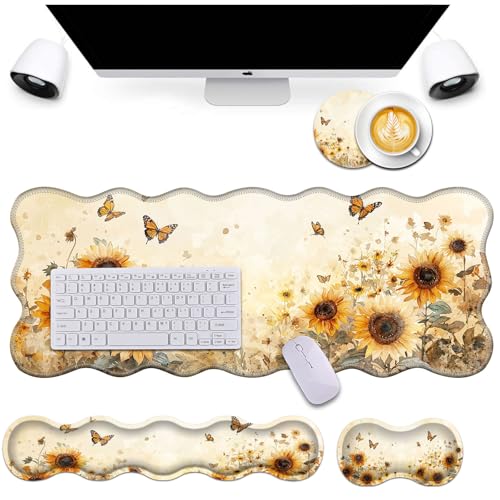 Bxgolkgd Schreibtischunterlagen-Set, Mauspad mit Tastatur-Handgelenkauflage und Maus-Handgelenkauflage, wellenförmiges Design, rutschfeste Gummiunterseite, ergonomische Schreibtischunterlage für von Bxgolkgd