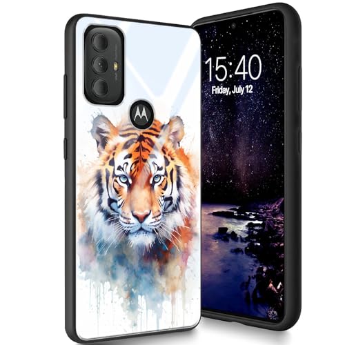 Bxgolkgd Schutzhülle für Motorola Moto G Play 16,5 cm (6,5 Zoll) 2023, gehärtetes Glas, Rückseite aus Silikon, TPU, stoßfest, kratzfest, Aquarell-Tiger von Bxgolkgd