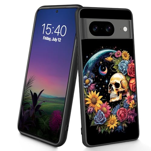Bxgolkgd Schutzhülle für Pixel 8a (15,5 cm) (15,5 cm) (6,1 Zoll), dünn, weiches TPU-Silikon, stoßfest, rutschfest, Blumenschädel von Bxgolkgd