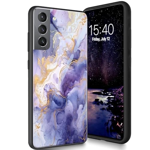 Bxgolkgd Schutzhülle für Samsung Galaxy S21 5G 15,5 cm (6,1 Zoll) 2021, gehärtetes Glas, Rückseite aus gehärtetem Glas, mit Silikon, TPU, stoßfest, kratzfest, Blau-Gold-Marmor von Bxgolkgd