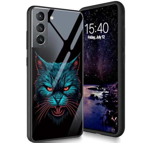 Bxgolkgd Schutzhülle für Samsung Galaxy S21 5G 15,5 cm (6,1 Zoll) 2021, gehärtetes Glas, Rückseite aus gehärtetem Glas, mit Silikon, TPU, stoßfest, kratzfest, Motiv: Wütende Katze von Bxgolkgd