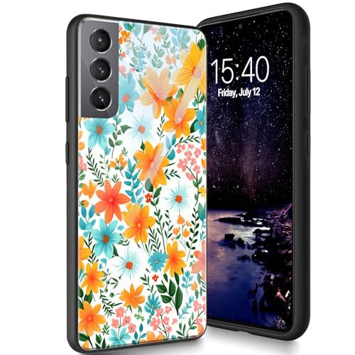 Bxgolkgd Schutzhülle für Samsung Galaxy S21 5G 15,5 cm (6,1 Zoll) 2021, gehärtetes Glas, Rückseite aus gehärtetem Glas, mit Silikon-TPU, stoßfest, kratzfest, Blumen-Design von Bxgolkgd